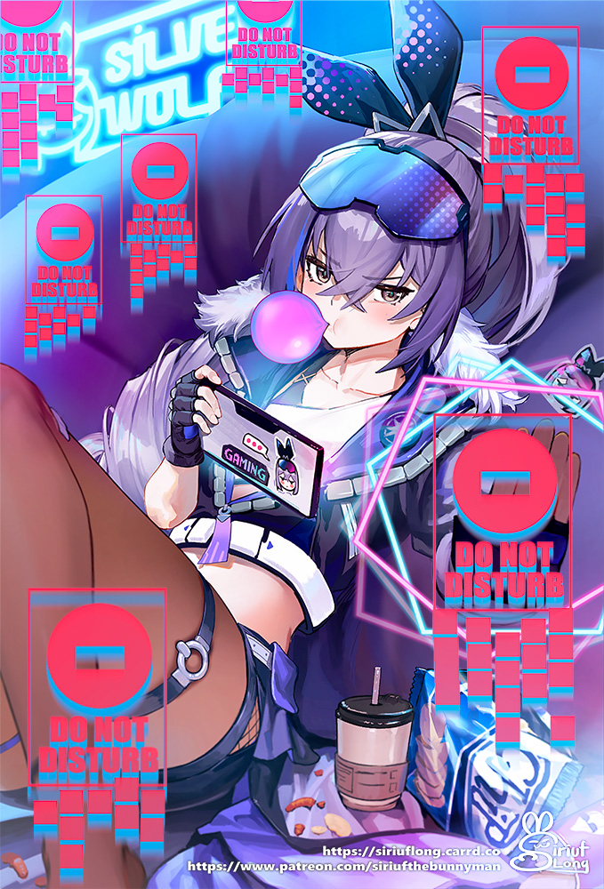 1girl animal_ears annoyed artist_name black_gloves black_jacket black_shorts blue-tinted_eyewear brown_pantyhose chewing_gum collarbone drink fingerless_gloves fur-trimmed_jacket fur_trim gloves grey_eyes grey_hair hair_between_eyes honkai:_star_rail honkai_(series) indoors jacket light_blush looking_at_viewer open_clothes open_jacket pantyhose ponytail rabbit_ears road_sign shorts sidelocks sign silver_wolf_(honkai:_star_rail) siriuflong sitting snack solo stop_sign tinted_eyewear v-shaped_eyebrows