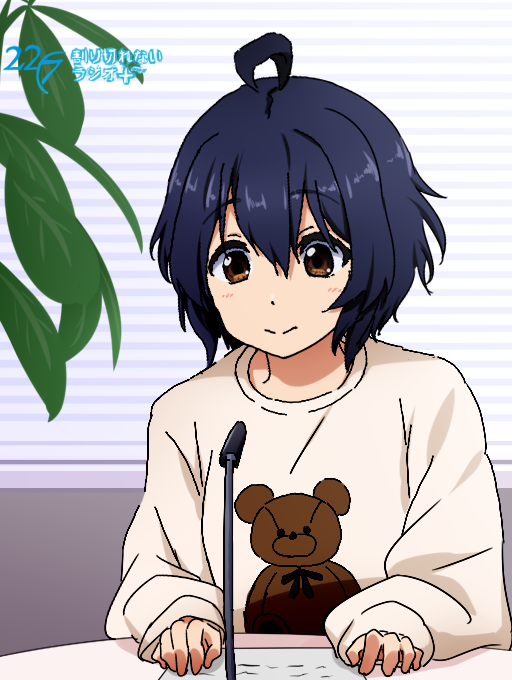 1girl 22/7 ahoge blue_hair brown_eyes closed_mouth dark_blue_hair hair_between_eyes igashiko indoors light_smile long_sleeves looking_down microphone oekaki plant print_shirt shirt short_hair solo takigawa_miu upper_body wavy_hair white_shirt window_blinds