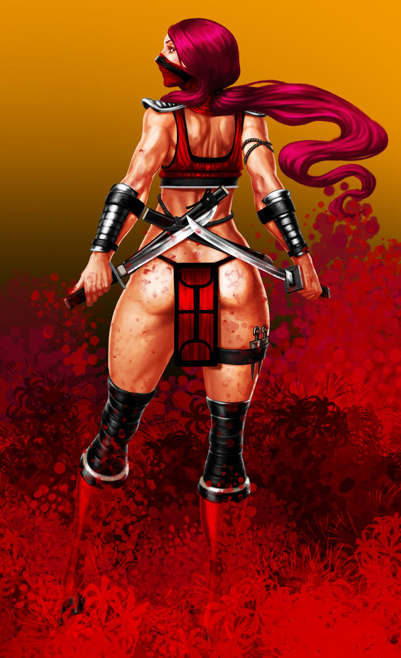 1girl ass blood blood_elemental butt_crack streaked_hair highres kachakacha long_hair monster_girl mortal_kombat_(series) multicolored_hair muscular muscular_female ninja ponytail red_hair revealing_clothes sheath skarlet sword warrior weapon