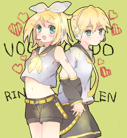 1boy 1girl aqua_eyes bad_id bad_pixiv_id blonde_hair blush brother_and_sister hair_ornament hairclip holding_hands itsuka kagamine_len kagamine_rin midriff short_hair shorts siblings twins vocaloid