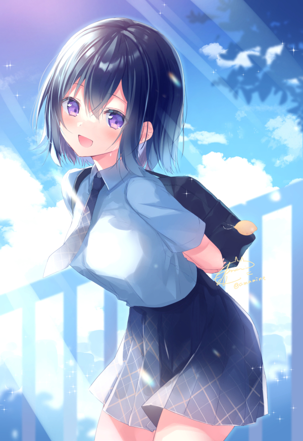 1girl :d amamine arms_behind_back bag black_hair black_skirt blue_sky blush breasts cloud collared_shirt commentary_request day hair_between_eyes leaning_forward looking_at_viewer medium_breasts open_mouth original outdoors pleated_skirt purple_eyes railing school_bag school_uniform shirt short_sleeves signature skirt sky smile solo twitter_username white_shirt