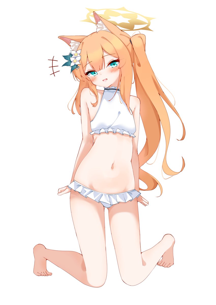 barefoot blue_archive blue_eyes flower frills hair_flower hair_ornament halo highres kabocya_na long_hair looking_at_viewer mari_(blue_archive) orange_hair side_ponytail smile swimsuit white_background