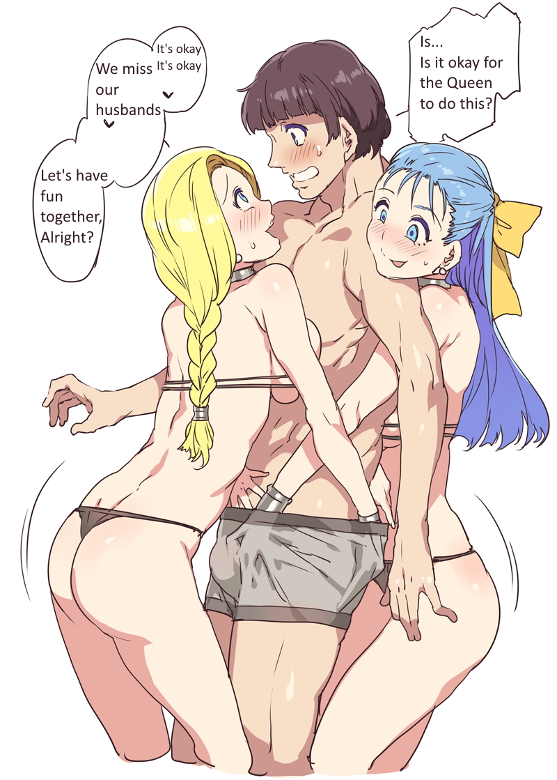 1boy 2girls ass bianca_(dq5) blonde_hair blue_eyes blue_hair blush bow braid breast_press breasts cheating_(relationship) choker closed_mouth commentary_request dragon_quest dragon_quest_v earrings english_text erection eyebrows flora_(dq5) girl_sandwich hair_bow hair_ornament hand_under_clothes hand_under_shorts hard-translated hetero jewelry large_breasts long_hair looking_at_another mizuryu_kei motion_lines multiple_girls netorare open_mouth pippin_(dq5) sandwiched shiny_skin shorts simple_background single_braid smile standing swimsuit teeth third-party_edit tongue tongue_out translated translation_request upper_teeth_only white_background