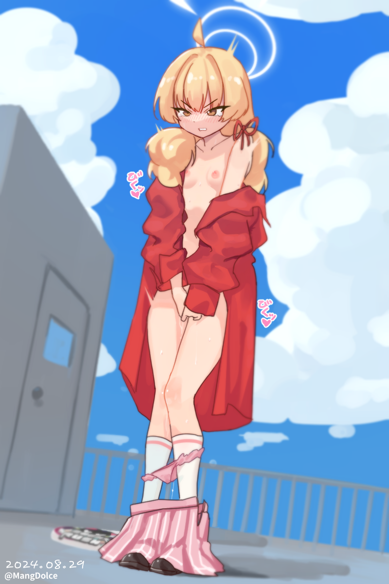 1girl ahoge blonde_hair blue_archive blue_sky breasts brown_eyes cloud covering_crotch covering_privates dated day full_body hair_ribbon halo highres jacket kneehighs long_hair mangdolce nipples outdoors panties panty_pull pink_panties pink_skirt red_jacket red_ribbon ribbon skirt sky small_breasts socks solo standing tearing_up underwear white_socks yoshimi_(blue_archive)