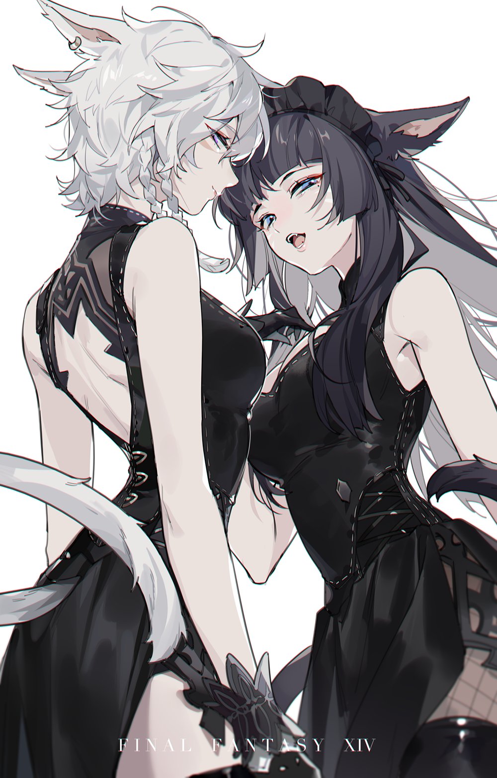 2girls animal_ears warrior_of_light_(ff14) black_gloves black_hair blue_eyes boots braid braided_ponytail cat_ears earrings fang final_fantasy final_fantasy_xiv gloves grey_eyes hairband highres jewelry laughing long_hair miqo&#039;te multiple_girls open_mouth short_hair simple_background smile standing tail unagi_(nakaelric) white_background white_hair