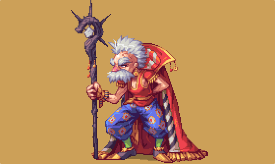 1990s_(style) 1boy abysswolf arms_behind_back brown_background cape eyebrows facial_hair final_fantasy final_fantasy_vi grey_hair male_focus mustache old old_man pixel_art retro_artstyle solo staff strago_magus thick_eyebrows