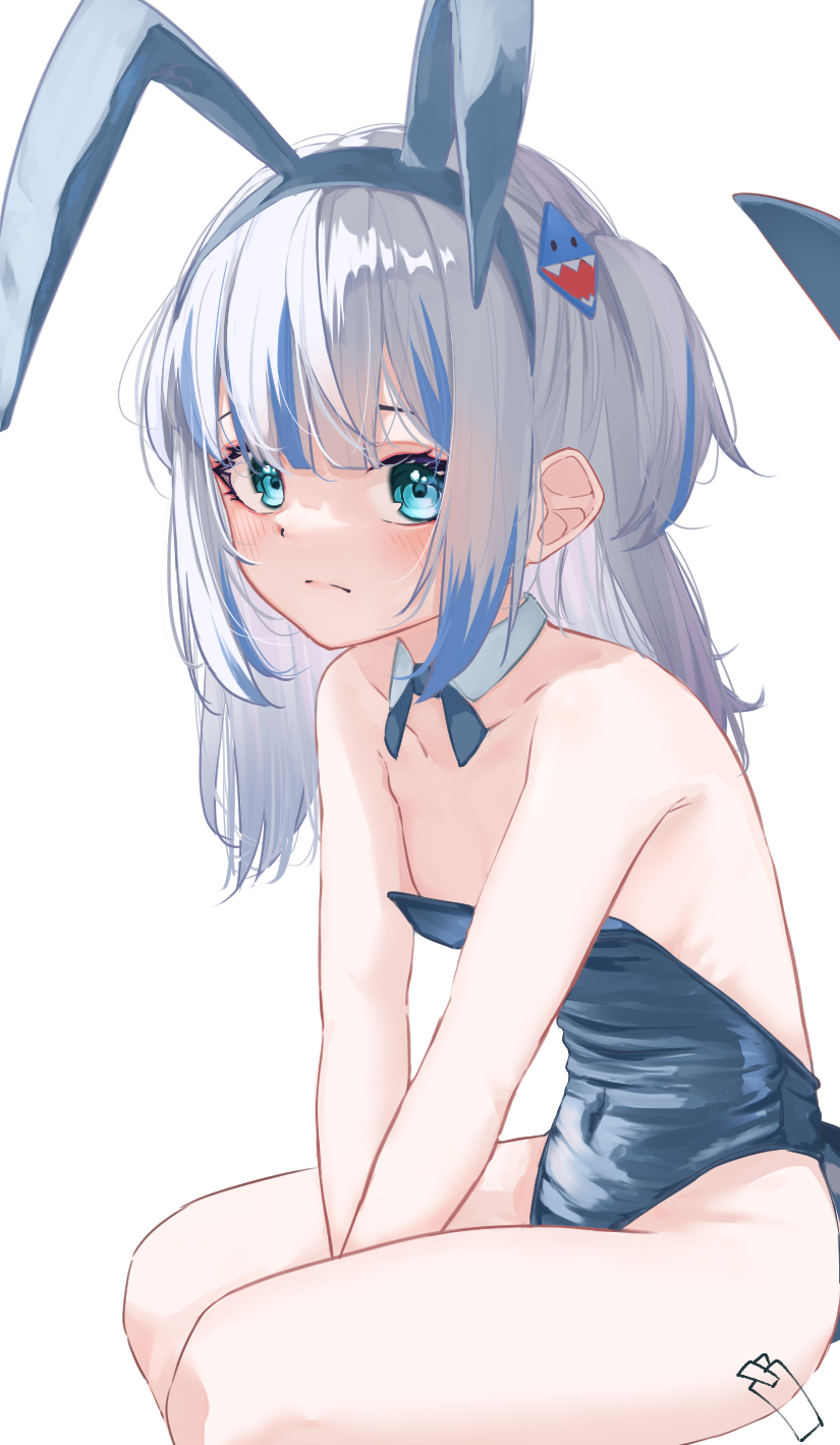 1girl animal_ears bare_shoulders blue_eyes blue_hair blue_leotard blush closed_mouth commentary covered_navel detached_collar fake_animal_ears fins fish_tail flat_chest gawr_gura grey_hair highleg highleg_leotard highres hololive hololive_english leotard long_hair looking_at_viewer multicolored_hair playboy_bunny rabbit_ears shark_tail simple_background sitting solo streaked_hair tachibana_shiori_(suica_112) tail two_side_up virtual_youtuber white_background