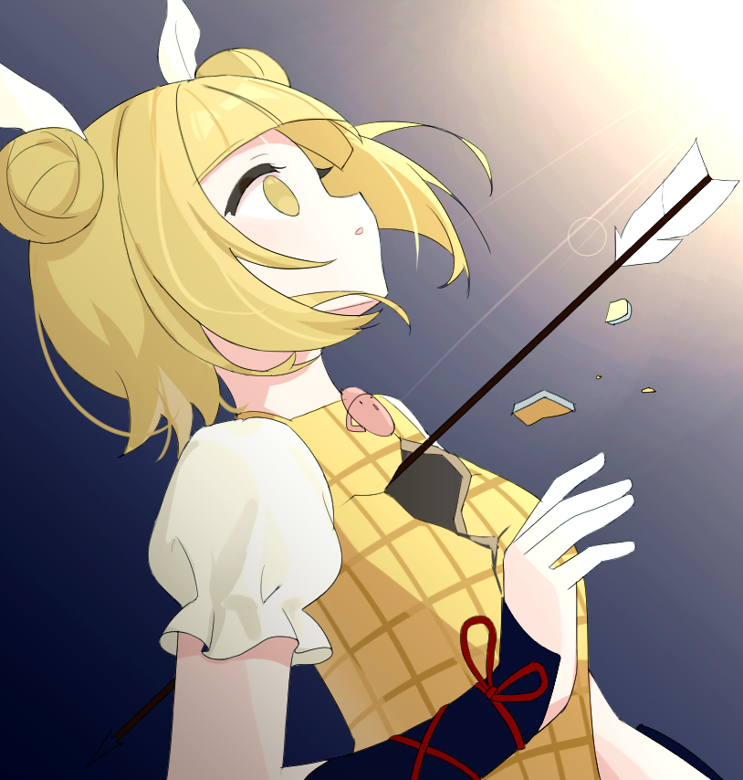 1girl arrow_(projectile) arrow_in_body blonde_hair chimi_(s2yuyukos2) double_bun hair_bun hollow_body joutouguu_mayumi no_pupils parted_lips solo touhou yellow_eyes