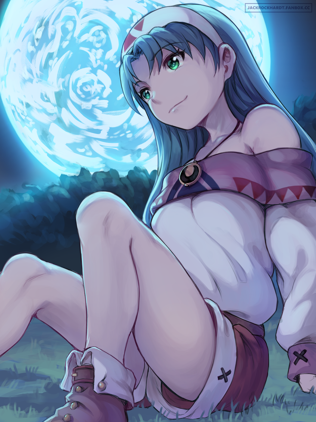 1girl blue_hair blue_moon full_moon green_eyes hairband highres jack_rockhardt lucia_(lunar) lunar lunar_2:_eternal_blue moon off-shoulder_shirt off_shoulder on_grass outdoors shirt shoes shorts sitting smile solo white_shirt