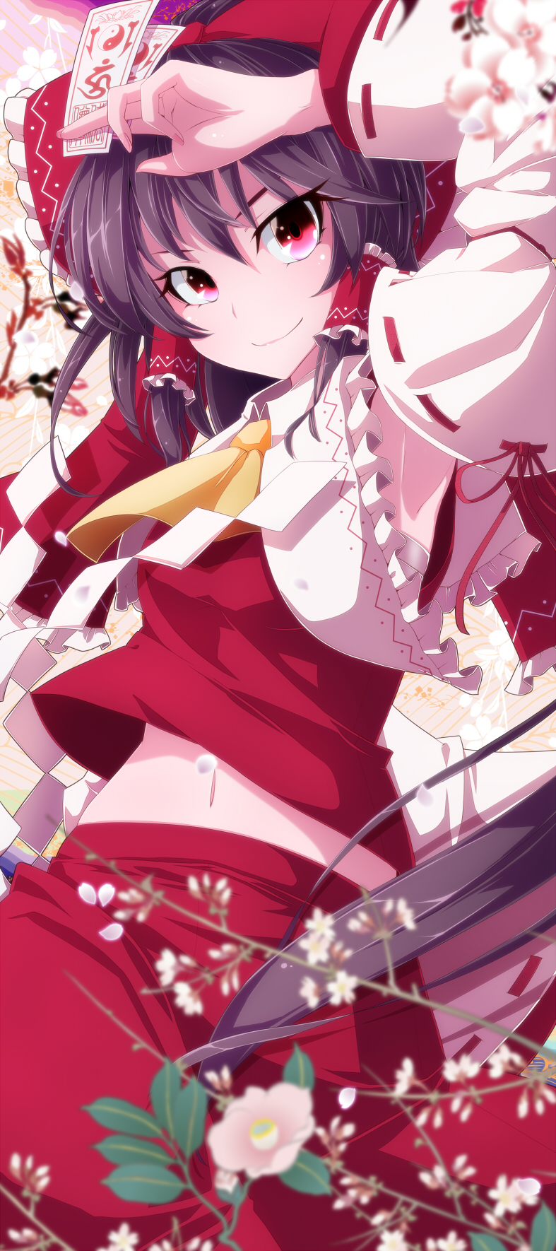 1girl arm_up armpits ascot black_hair bow detached_sleeves female_focus flower hair_bow hair_tubes hakurei_reimu highres holding japanese_clothes long_hair midriff miko navel nikka_(cryptomeria) ofuda petals red_eyes sarashi siddham skirt smile solo touhou