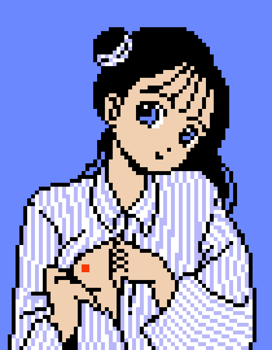 1girl black_hair blue_background blue_eyes blue_shirt breasts hair_bun jaleco long_hair long_sleeves looking_at_viewer nipples okkotoshi_puzzle_tonjan!? open_clothes open_shirt pixel_art saiwai_hiroshi shirt side_bun single_hair_bun small_breasts smile standing striped_clothes striped_shirt upper_body