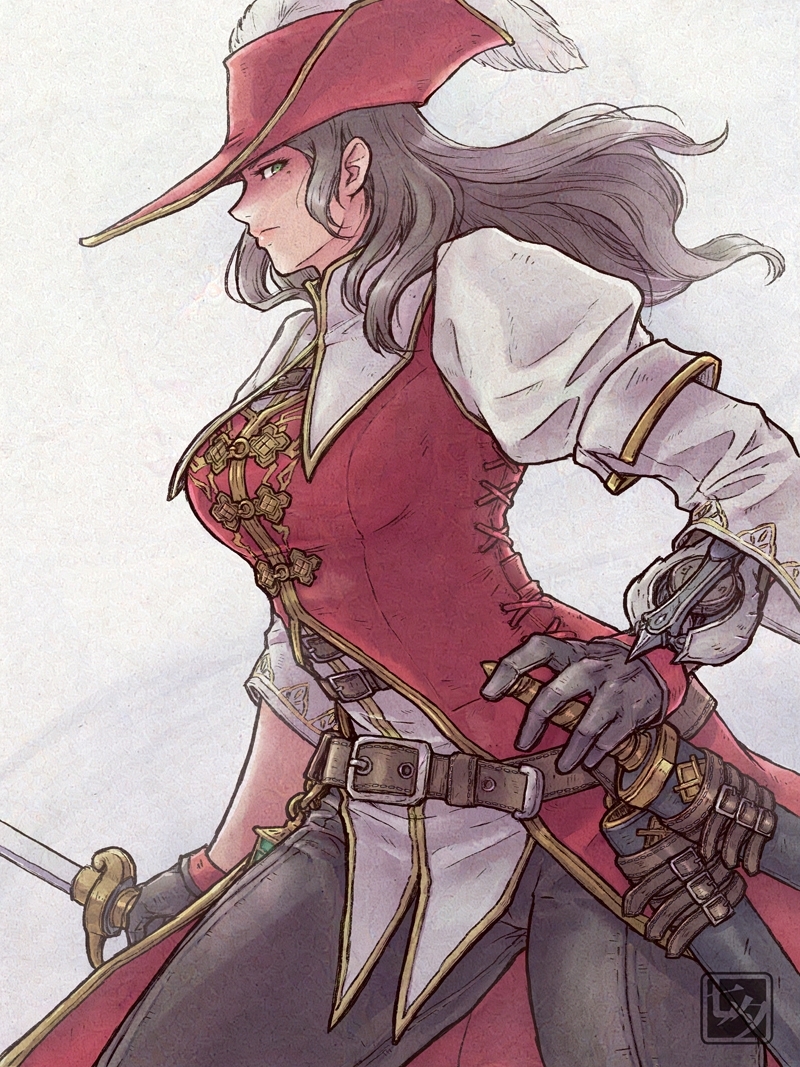 1girl belt belt_buckle black_gloves black_pants breasts brown_belt buckle closed_mouth coat floating_hair gloves green_eyes grey_hair guild_knight_(armor) hat hat_feather holding holding_sword holding_weapon legs_apart long_hair medium_breasts mole mole_under_eye monster_hunter_(character) monster_hunter_(series) pants puffy_sleeves red_coat red_hat scabbard sheath shirt sleeveless sleeveless_coat solo standing sword tanabanata tricorne weapon white_shirt