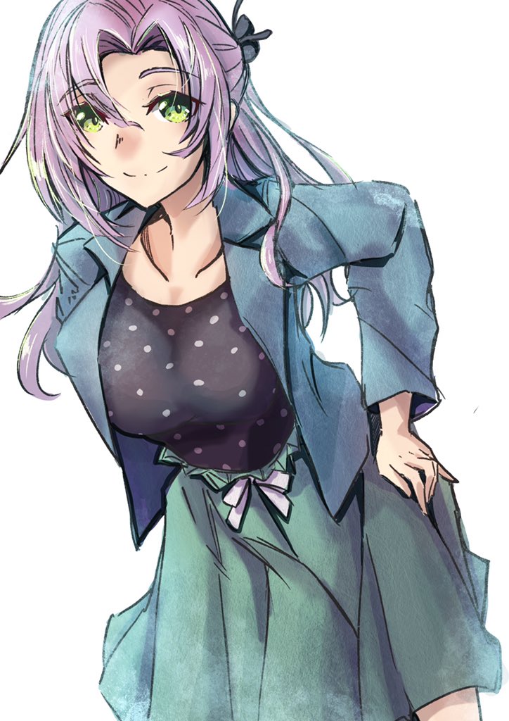 1girl ahoge alternate_costume antenna_hair black_shirt breasts collarbone cowboy_shot green_eyes green_skirt grey_hair kantai_collection kinugasa_(kancolle) kinugasa_kai_ni_(kancolle) looking_at_viewer medium_breasts medium_hair shirt simple_background skirt smile solo tonke white_background