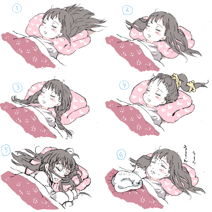 1girl black_hair blush braid cat commentary_request drooling closed_eyes futon gomennasai hair_spread_out long_hair multiple_views numbered_panels original pillow simple_background sleeping sweat twin_braids white_background