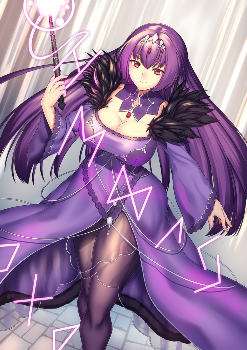 1girl breasts cleavage dress fate/grand_order fate_(series) female_focus fur_trim hair_between_eyes highres jewelry large_breasts long_hair looking_at_viewer pantyhose purple_dress purple_hair red_eyes runes scathach_(fate) scathach_skadi_(fate) smile solo tiara wand yui_sora