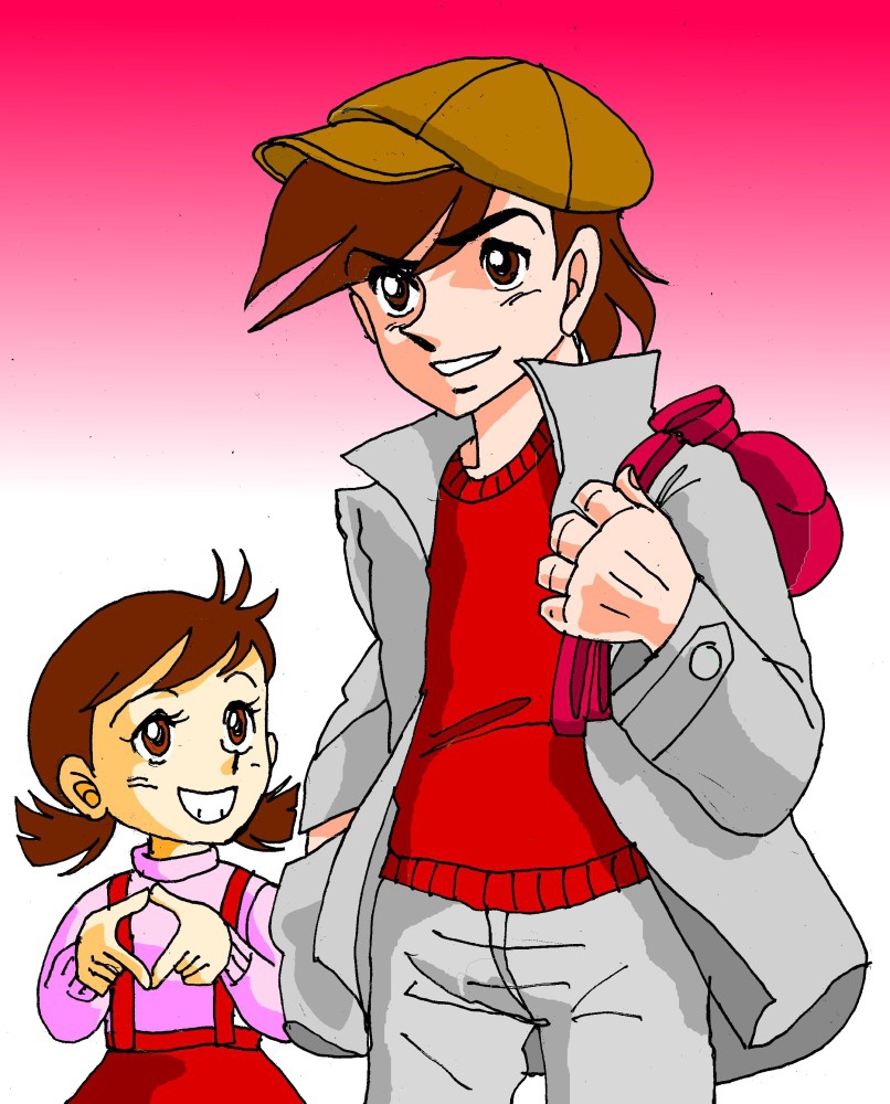 1boy 1girl 6938465 age_difference ashita_no_joe gradient_background hat sachi smile standing yabuki_joe