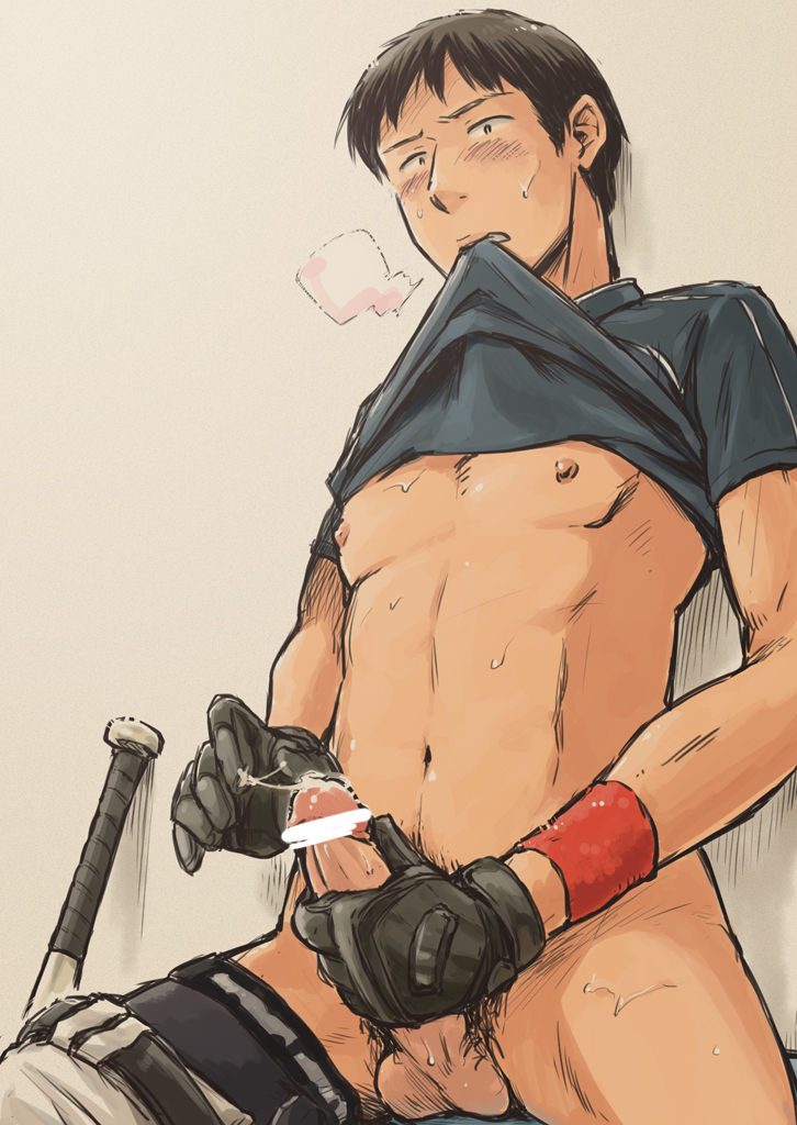 1boy bad_id bad_pixiv_id baseball_bat baseball_uniform black_gloves black_hair black_shirt breath censored clothes_in_mouth clothes_lift cowboy_shot gloves male_focus male_masturbation masturbation mouth_hold nipples nozomi_uni original pants_around_one_leg penis shirt shirt_in_mouth shirt_lift short_hair simple_background sitting solo sportswear sweat tan_background wristband