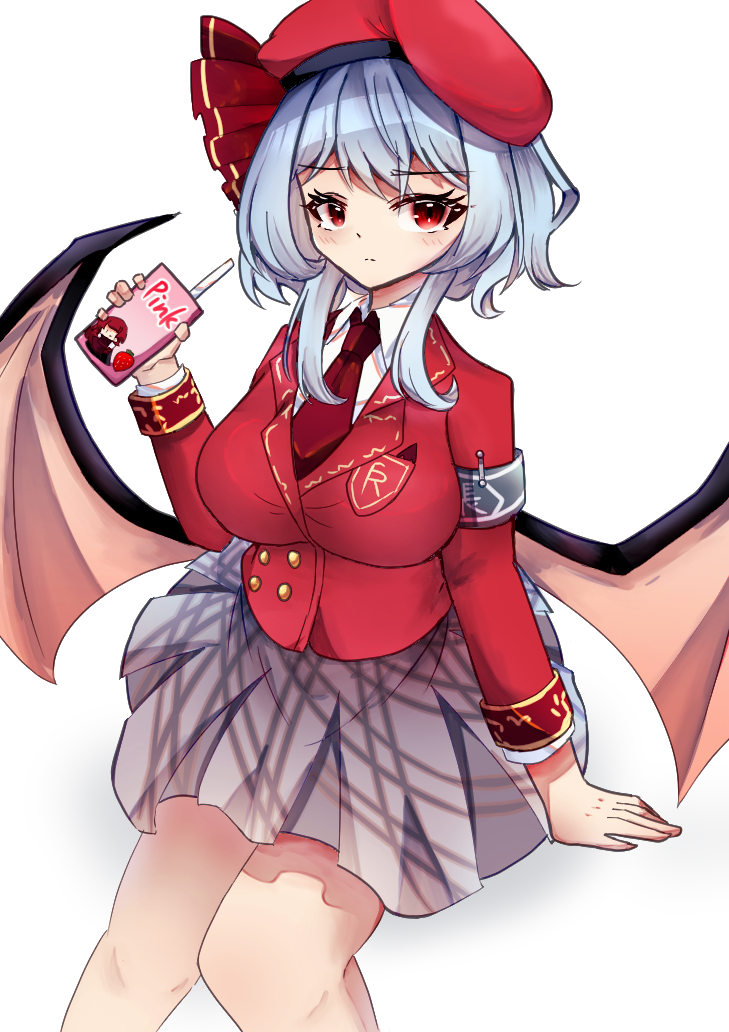 1girl arm_strap bat_wings beret blazer blue_hair bow breasts commentary_request drinking_straw english_text feet_out_of_frame food fruit gold_buttons gold_wrist_cuffs grey_skirt hat holding_juice_box jacket juice_box lapel_pin large_breasts long_sleeves necktie okazaki_yumemi partially_unbuttoned plaid_clothes plaid_skirt red_bow red_eyes red_hat red_jacket red_necktie remilia_scarlet shirt short_hair sitting skirt strawberry swept_bangs touhou touhou_lostword user_jwtz7387 vampire white_shirt wings