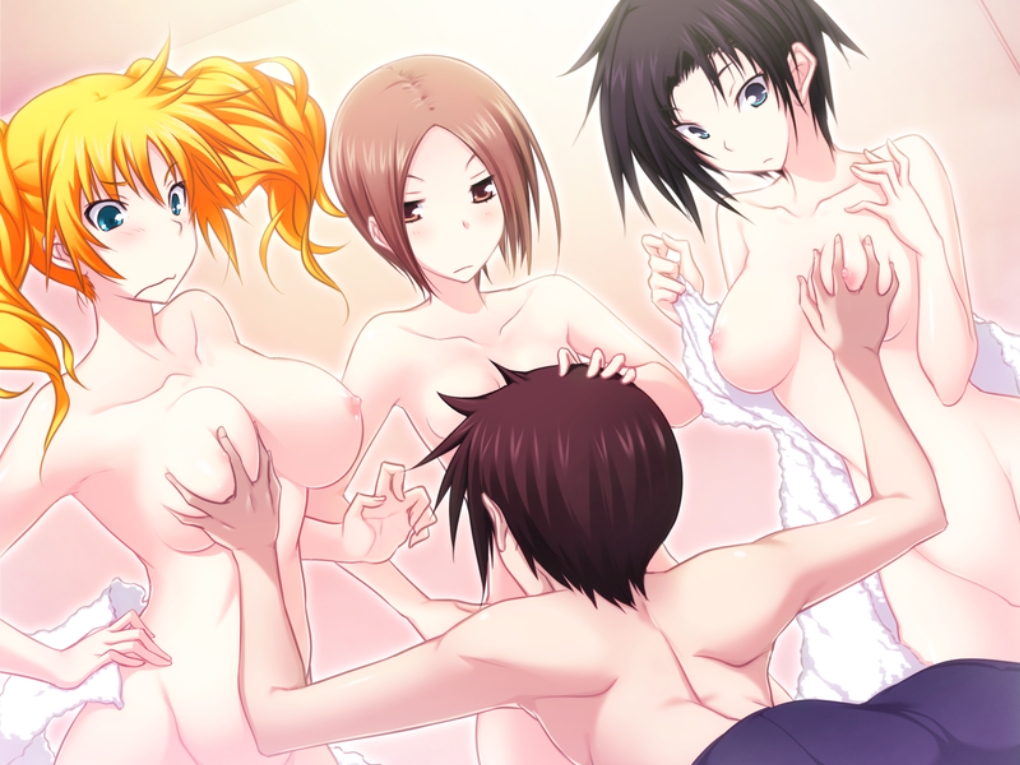 1boy 3girls black_hair blonde_hair blue_eyes blush breasts brown_hair grabbing_another&#039;s_breast groping jinchu_lee large_breasts long_hair maji_de_watashi_ni_koi_shinasai! multiple_girls naoe_yamato nude oshitari_azumi red_eyes short_hair stacy_connor standing twintails