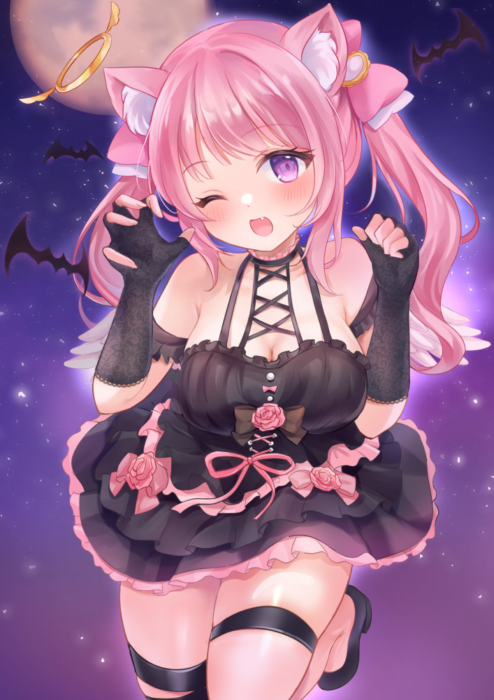 1girl ;d animal animal_ear_fluff animal_ears bare_shoulders bat_(animal) black_bow black_dress black_footwear black_gloves blush bow breasts cleavage commentary_request commission dress elbow_gloves fang feathered_wings fingerless_gloves flower full_moon gloves hair_bow halo indie_virtual_youtuber large_breasts long_hair looking_at_viewer mashiro_mayu mini_wings moon nikoo one_eye_closed open_mouth pink_bow pink_flower pink_hair pink_rose pixiv_commission rose shoes smile solo twintails virtual_youtuber white_wings wings