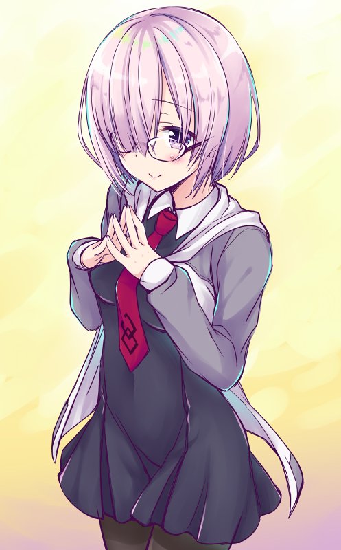 1girl :&gt; black_dress black_pantyhose blush closed_mouth cowboy_shot dress fate/grand_order fate_(series) female_focus fingers_together glasses hair_over_one_eye hood hoodie looking_down mash_kyrielight necktie open_clothes open_hoodie own_hands_together pantyhose purple_eyes purple_hair red_necktie rimless_eyewear sasorigatame short_dress short_hair smile solo taiyakiankomonaka