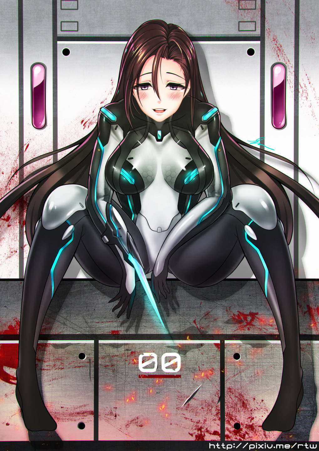 1girl bad_id bad_pixiv_id blade blood blush bodysuit breasts brown_hair cawang female_focus formal_clothes highres long_hair mecha medium_breasts original purple_eyes robot science_fiction smile solo suit watermark web_address yandere