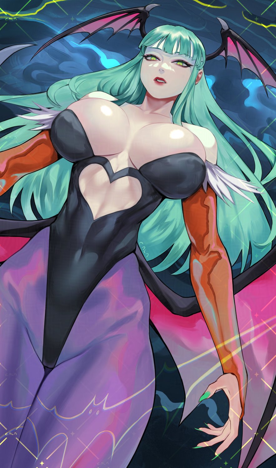 1girl black_leotard breasts bridal_gauntlets darkstalkers gabriel_carrasquillo green_eyes green_hair green_nails head_wings highres large_breasts leotard long_hair morrigan_aensland pantyhose purple_pantyhose solo tagme wings