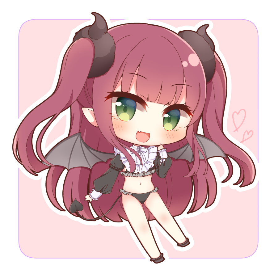 1girl :d black_panties black_shirt black_socks blush chibi commentary_request demon_girl demon_horns demon_tail demon_wings fang frilled_panties frilled_socks frills full_body green_eyes grey_wings hand_up heart horns long_hair long_sleeves looking_at_viewer navel no_pants no_shoes open_mouth outline panties pink_background puffy_long_sleeves puffy_sleeves red_hair rizu-kyun shirt sleeves_past_wrists smile socks solo sono_bisque_doll_wa_koi_wo_suru tail two-tone_background two_side_up underwear very_long_hair white_background white_outline wings yukiyuki_441