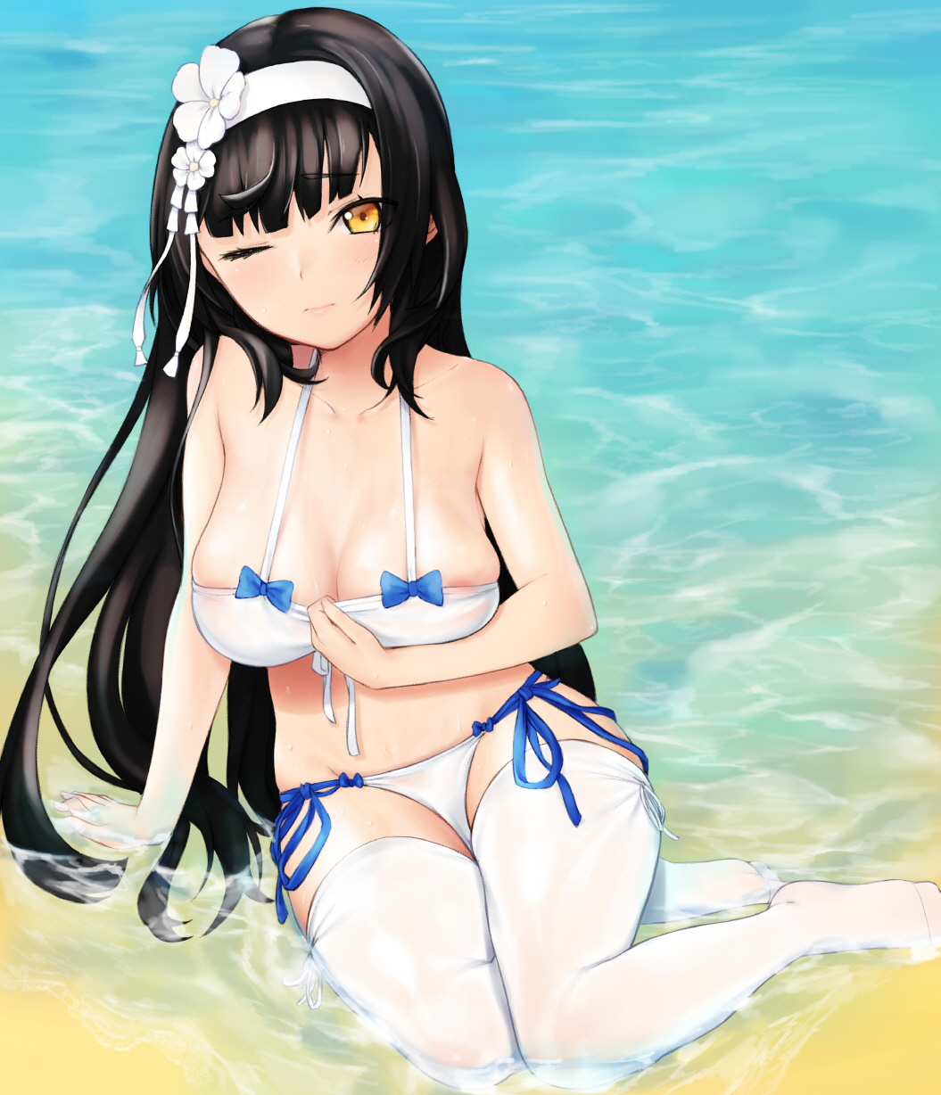 1girl agnam_ore areola_slip bad_id bad_pixiv_id bare_shoulders beach bikini black_hair blush breasts cleavage day female_focus girls&#039;_frontline hairband highres large_breasts long_hair looking_at_viewer official_alternate_costume one_eye_closed sitting solo swimsuit thighhighs type_95_(girls&#039;_frontline) type_95_(summer_cicada)_(girls&#039;_frontline) white_bikini white_thighhighs yellow_eyes