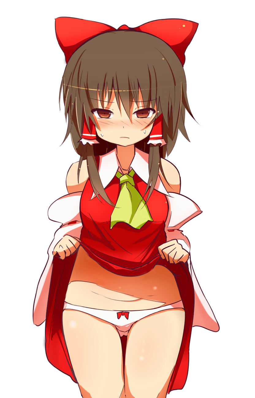 1girl ascot ayuki_(47881314) blush bow bow_panties breasts brown_hair closed_mouth clothes_lift collared_dress commentary cookie_(touhou) cowboy_shot detached_sleeves dress dress_lift frilled_hair_tubes frills gluteal_fold hair_bow hair_tubes hakurei_reimu highres huei_nazuki_(style) looking_at_viewer medium_breasts nose_blush panties red_bow red_dress red_eyes reu_(cookie) ribbon-trimmed_sleeves ribbon_trim simple_background sleeveless sleeveless_dress solo touhou transparent_background underwear white_panties white_sleeves yellow_ascot