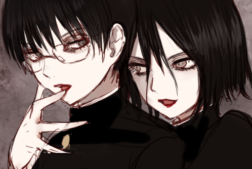 2boys androgynous black_hair eyelashes finger_to_mouth gakuran glasses grey_eyes jaibo_(litchi_hikari_club) litchi_hikari_club looking_at_another lowres male_focus maruino multiple_boys open_mouth school_uniform simple_background smile tsurime zera_(litchi_hikari_club)