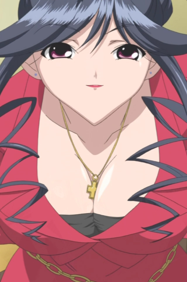 00s 1girl between_breasts black_hair breasts chain cleavage cross cross_necklace dears dress earrings female_focus from_above indoors jewelry large_breasts leaning_forward looking_at_viewer necklace pink_eyes short_hair solo teacher yoshimine_mitsuka