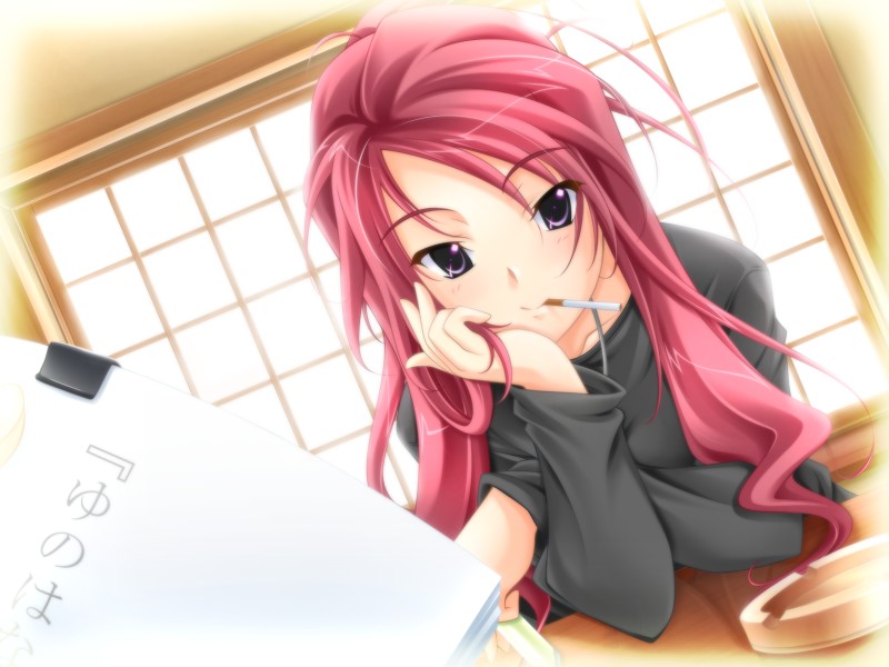 1girl ashtray border cigarette fading_border female_focus fujiwara_warawara game_cg long_hair red_hair smoking solo takao_tsubaki yunohana