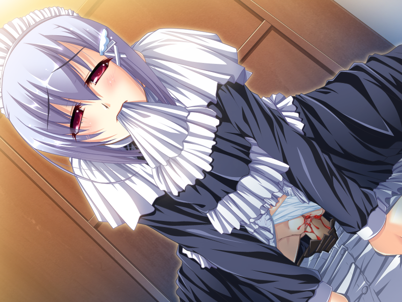 1girl bed blush clothed_sex game_cg goshujinsama_daisuki kuu_spitfire maid penis pussy red_eyes sex short_hair silver_hair uncensored underwear vaginal