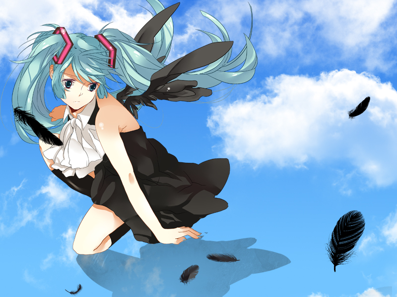 1girl aqua_eyes aqua_hair bad_id bad_pixiv_id bare_shoulders black_dress black_wings cloud day dress feathers female_focus full_body hair_ornament hatsuko hatsune_miku kneehighs kneeling kuroi_tsubasa_(vocaloid) long_hair nail_polish outdoors short_dress sky socks solo twintails vocaloid wings