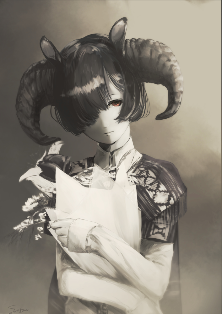 1girl animal_ears bouquet brown_eyes chamomile female_focus flower goat_ears goat_horns hair_over_face hair_over_one_eye head_tilt holding horns lily_(flower) long_sleeves original rose sepia short_hair simple_background solo spot_color standing tulip yugeoryouki