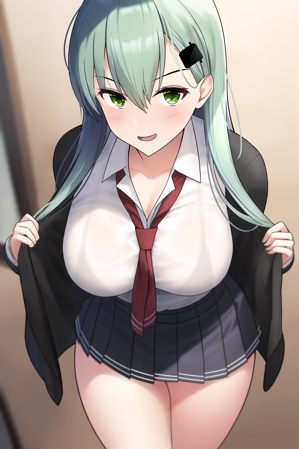 1girl aqua_hair bikini bikini_under_clothes black_jacket blue_skirt blush breasts collarbone green_eyes hair_ornament hairclip highres jacket kantai_collection large_breasts long_hair looking_at_viewer loose_necktie necktie open_clothes open_collar open_jacket open_mouth pleated_skirt red_necktie see-through_clothes see-through_shirt shirt sidelocks skirt solo standing suzuya_(kancolle) swimsuit ton_ton_tontoro white_shirt