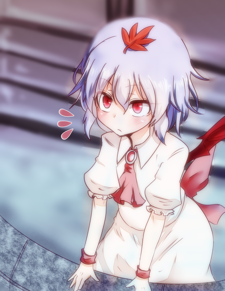 1girl ascot bat_wings blue_hair female_focus leaf leaf_on_head no_headwear object_on_head red_eyes remilia_scarlet short_hair skirt skirt_set solo takorice touhou wings wrist_cuffs