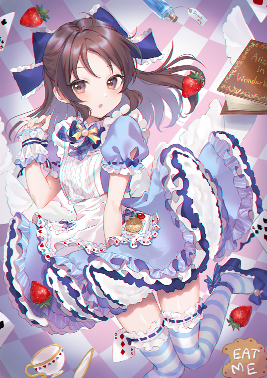 1girl :o alice_(alice_in_wonderland) alice_(alice_in_wonderland)_(cosplay) alice_in_wonderland anoa apron blue_bow blue_dress blue_footwear blush book bottle bow brown_eyes brown_hair card club_(shape) commentary_request cosplay cup dress drink_me eat_me food frilled_bow frills fruit hair_bow hand_up heart high_heels highres idolmaster idolmaster_cinderella_girls idolmaster_cinderella_girls_starlight_stage long_hair looking_at_viewer parted_lips plaid_bow playing_card puffy_short_sleeves puffy_sleeves saucer shoes short_sleeves solo spade_(shape) strawberry striped_clothes striped_thighhighs tachibana_arisu teacup thighhighs waist_apron white_apron wrist_cuffs