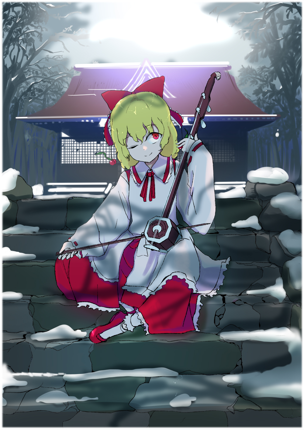 architecture blonde_hair bow bow_(music) collared_shirt east_asian_architecture erhu frilled_bow frilled_shirt frilled_shirt_collar frilled_skirt frills hair_bow hakurei_shrine highres instrument japanese_clothes kirisame-nununu long_sleeves music one_eye_closed outdoors playing_instrument red_bow red_eyes red_footwear red_ribbon red_skirt ribbon ribbon-trimmed_sleeves ribbon_trim satsuki_rin shinto shirt short_hair shrine sitting sitting_on_stairs skirt smile snow stairs stone_stairs temple touhou white_shirt