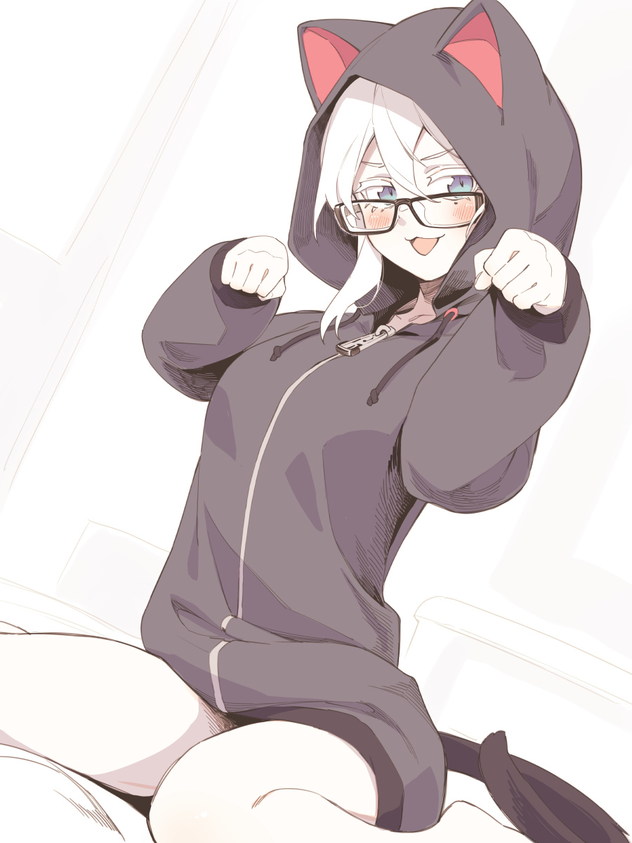 1girl asutora asutora-chan black-framed_eyewear black_jacket blue_eyes blush cat_tail fake_tail glasses highres hood hooded_jacket jacket long_sleeves looking_at_viewer open_mouth original paw_pose short_hair sitting smile solo tail thighs white_background white_hair zipper