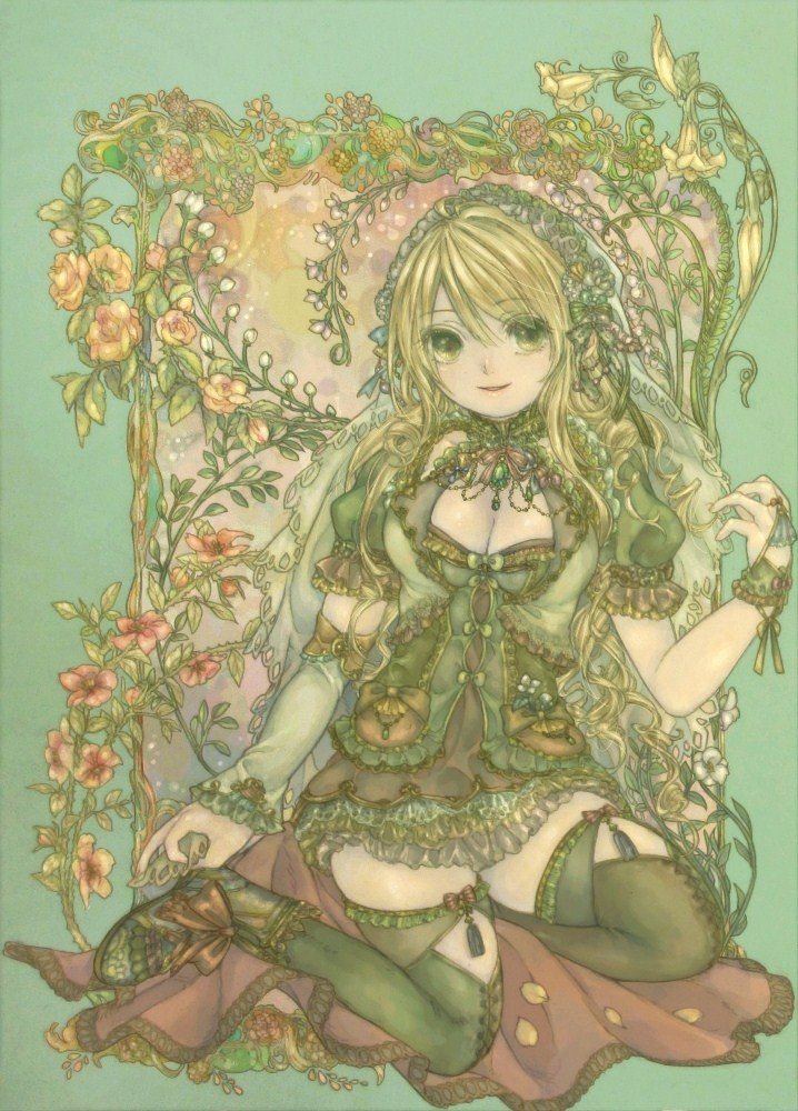 1girl blonde_hair breasts cleavage cleavage_cutout clothing_cutout commentary_request detached_sleeves flower frilled_skirt frills full_body green_eyes green_theme kanyobu medium_breasts miniskirt original plant puffy_short_sleeves puffy_sleeves short_sleeves single_detached_sleeve skirt smile solo veil vines