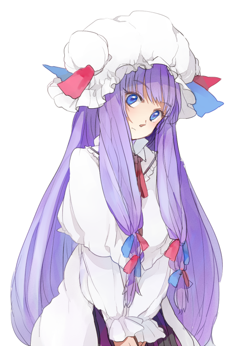 1girl bad_id bad_pixiv_id blue_eyes female_focus hat karasu_tsuki long_hair looking_at_viewer myuu_(hellomagic) patchouli_knowledge purple_hair simple_background solo touhou upper_body v_arms very_long_hair white_background