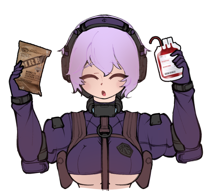 arms_up bag blood blood_bag blush breasts closed_eyes eyebrows eyelashes field_ration food gloves hair_between_eyes hands_up headgear holding holding_bag holding_food holster large_breasts martyr_(the_citadel) open_mouth purple_gloves purple_hair purple_shirt shirt strapless the_citadel tongue transparent_background tube_top underboob