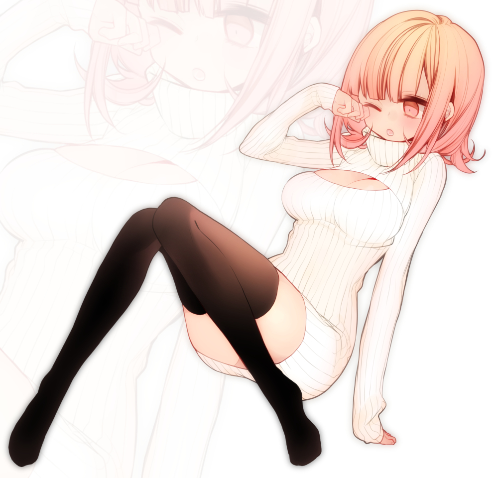 10s 1girl bad_id bad_pixiv_id black_thighhighs breasts cleavage cleavage_cutout clothing_cutout danganronpa_(series) danganronpa_2:_goodbye_despair lari meme_attire nanami_chiaki one_eye_closed open-chest_sweater pink_eyes pink_hair ribbed_sweater solo sweater thighhighs turtleneck