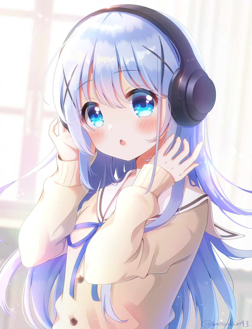 1girl :o blue_hair blush gochuumon_wa_usagi_desu_ka? hair_between_eyes hair_ornament hands_up headphones highres indoors kafuu_chino kafuu_chino&#039;s_school_uniform long_hair long_sleeves looking_at_viewer mozukun43 open_mouth school_uniform sleeves_past_wrists solo twitter_username upper_body window x_hair_ornament