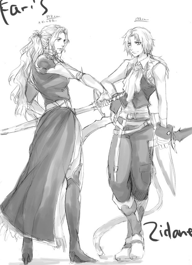 00s 1990s_(style) 1boy 1girl armor bad_id bad_pixiv_id candle0213 character_name faris_scherwiz final_fantasy final_fantasy_ix final_fantasy_v greyscale crossed_legs monochrome ponytail sitting sleeveless zidane_tribal