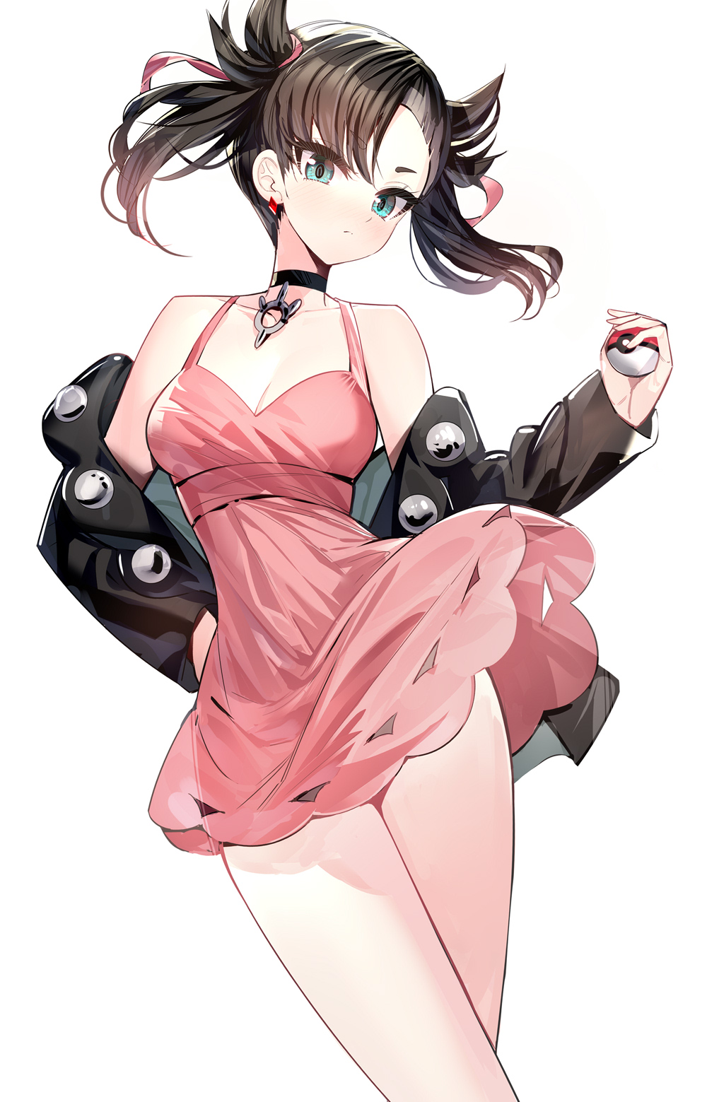 1girl black_choker black_hair black_jacket breasts choker cleavage creatures_(company) dress game_freak green_eyes hair_ribbon highres holding holding_poke_ball jacket looking_at_viewer marnie_(pokemon) medium_breasts nintendo pink_dress pink_ribbon poke_ball poke_ball_(basic) pokemon pokemon_swsh ribbon ririko_(zhuoyandesailaer) simple_background sleeveless sleeveless_dress solo standing thighs twintails white_background