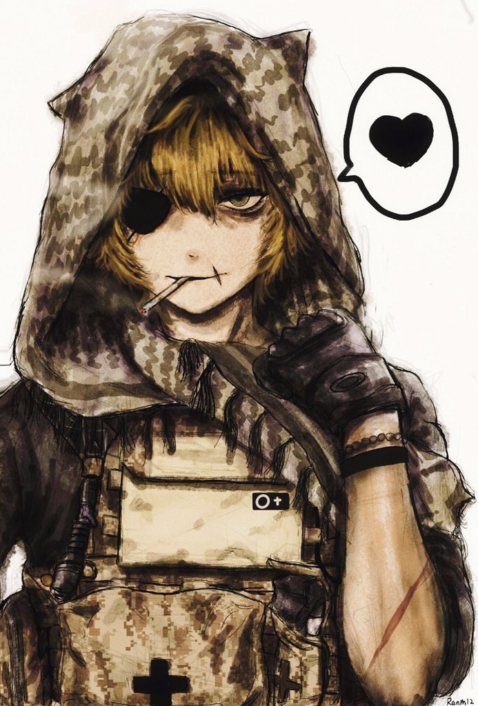 bags_under_eyes blonde_hair bracelet bulletproof_vest camouflage camouflage_headwear camouflage_vest cigarette eyepatch gloves heart jewelry medium_hair military_uniform original ranm12s scar scar_on_arm scar_on_lip signature simple_background smoking speech_bubble vest white_background