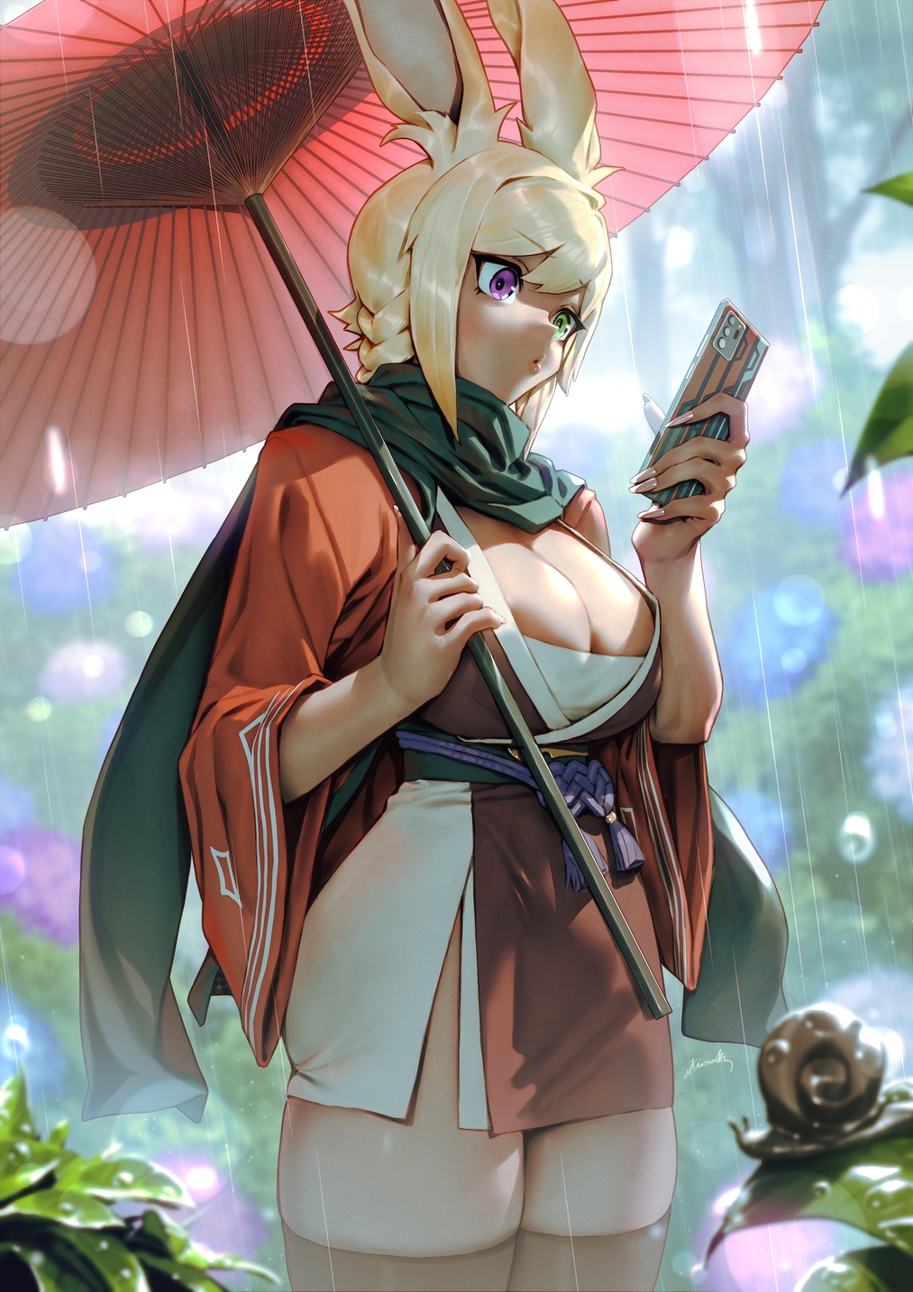 1girl animal_ears blonde_hair breasts cellphone character_request cleavage commission cowboy_shot final_fantasy final_fantasy_xiv green_eyes heterochromia highres holding holding_phone holding_umbrella japanese_clothes kimono kionaoki large_breasts phone purple_eyes rain red_kimono red_umbrella short_hair short_kimono smartphone snail solo standing thighs umbrella